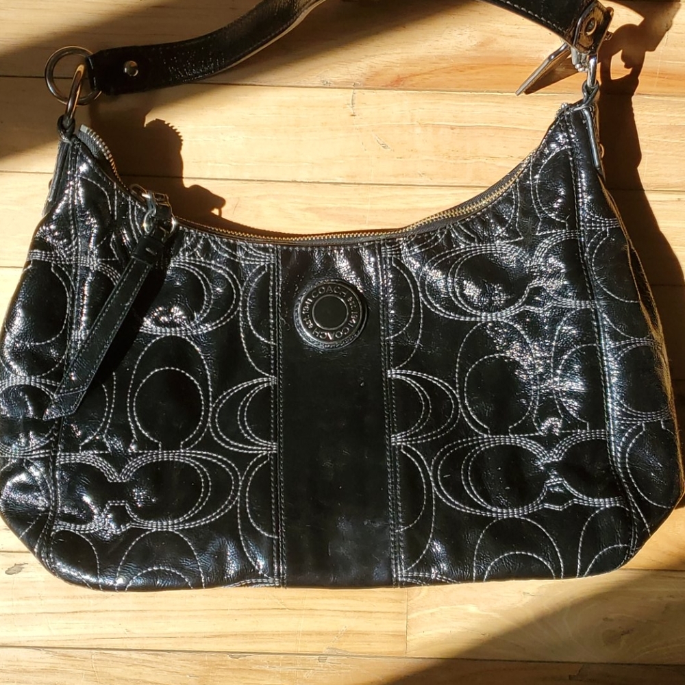 Black patent hobo coach bag
